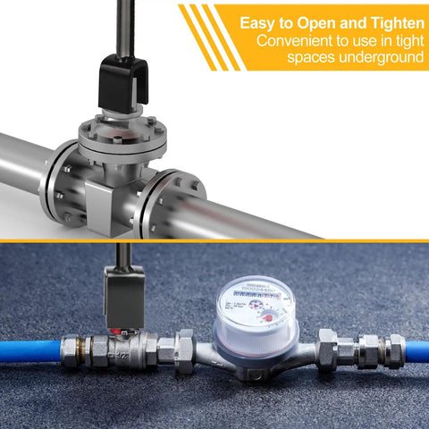 Water Meter Key 17 Inch With 4 Way Steel T Handle Shut Off Tool For Curb Main And Underground Mains Easy Access Durable Meter Shutoff Kit For Homeowners And Pros Heavy Duty Construction, shown on water meter valve