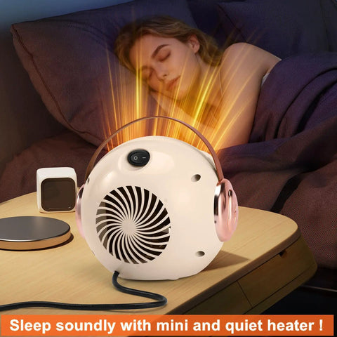 Compact Desk Heater For Office And Home Personal 500W PTC Ceramic Space Heater in white and rose gold on bedside table.