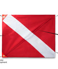 Dive Flag With Removable Stiffening Pole 20x24 Inches, red and white nylon with grommets and collapsible rod, labeled features