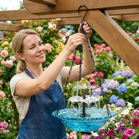 Woman installing Blue Hanging Solar Powered Bird Bath Fountain With Solar Pump For Outdoor Patio Backyard Lawn Garden Decor No Wires Easy Setup Gentle Water Cascade To Attract Birds And Create A Tranquil Yard Oasis No Fuss.