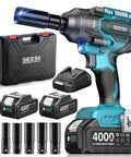 Heavy Duty Cordless Impact Wrench Delivering 738 Foot Pounds Of Knockout Brute Force Half Inch Driver Brushless Rig with batteries and case