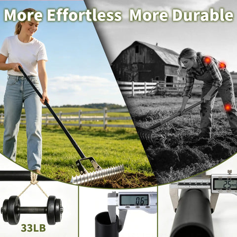 Person using Heavy-Duty Dethatching Rake For Lawns 15 Inch With 19-Tine Steel Head, Adjustable Head And Long Handle