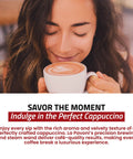 Woman enjoying cappuccino with a white cup, savoring rich aroma, featuring La Pavoni's precision brewing.
