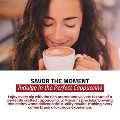 Woman enjoying cappuccino with a white cup, savoring rich aroma, featuring La Pavoni's precision brewing.