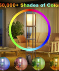 63.5 Inch Brown Wood Three Shelf Etagere Floor Lamp With USB Charging Port in living room, multicolor lighting options
