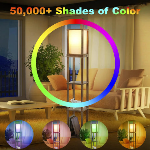 63.5 Inch Brown Wood Three Shelf Etagere Floor Lamp With USB Charging Port in living room, multicolor lighting options