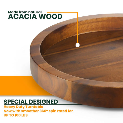 Slick 13 Inch Acacia Wood Lazy Susan Turntable Organizer For Kitchen Cabinets with smooth spinning surface and high walls.