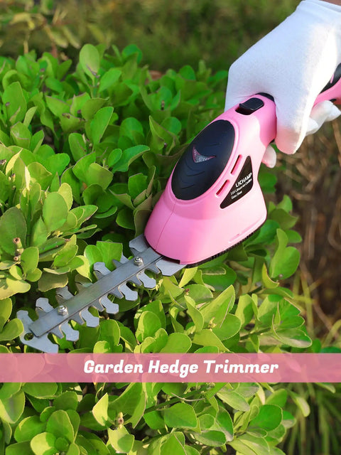 Pink 2-In-1 Electric Handheld Grass Shear And Hedge Trimmer Cordless Battery Powered No Fuss Garden Tool on green bushes