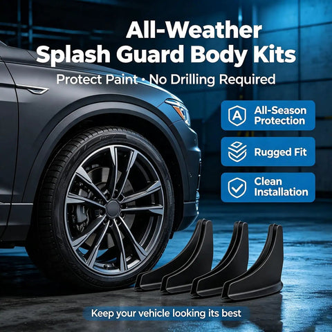 Heavy Duty Mud Flaps For Tesla Cybertruck 2024 Through 2026 Premium Splash Guards displayed next to a vehicle wheel.