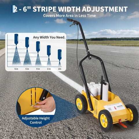 Heavy Duty Adjustable Line Striping Machine For Lawns, Parking Lots And Sports Fields, demonstrating 2 to 6 inch line width adjustment