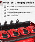 Close-up of Power Tool Organizer Wall Mount With Charging Station showing 4 drill holders and 8 outlet power strip