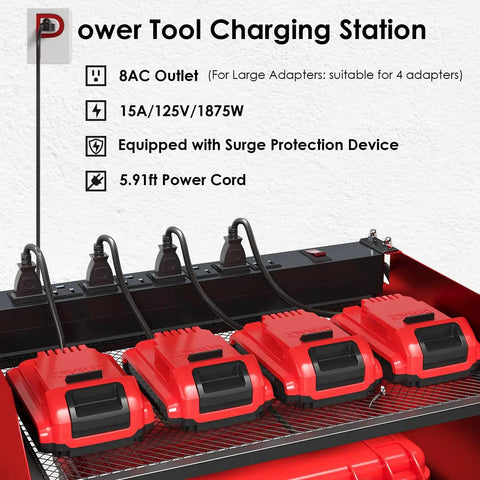 Close-up of Power Tool Organizer Wall Mount With Charging Station showing 4 drill holders and 8 outlet power strip