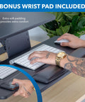 Standing Desk Converter With Dual Monitor Mount And Large Keyboard Tray, Black, with wrist pad on keyboard tray