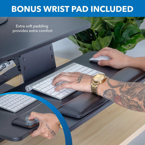 Standing Desk Converter With Dual Monitor Mount And Large Keyboard Tray, Black, with wrist pad on keyboard tray