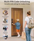 Child using Wi-Fi Smart Door Lock With Handle Set And Keypad Deadbolt For Front Door Fingerprint Keyless Entry App Remote Control.