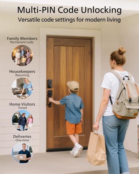 Child using Wi-Fi Smart Door Lock With Handle Set And Keypad Deadbolt For Front Door Fingerprint Keyless Entry App Remote Control.