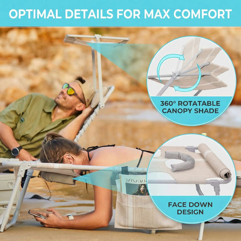 Face-Down Sun Lounger With Canopy And Face Hole, 5-Position Adjustable Tanning Chair With Padded Pillow, Quick-Dry Fabric