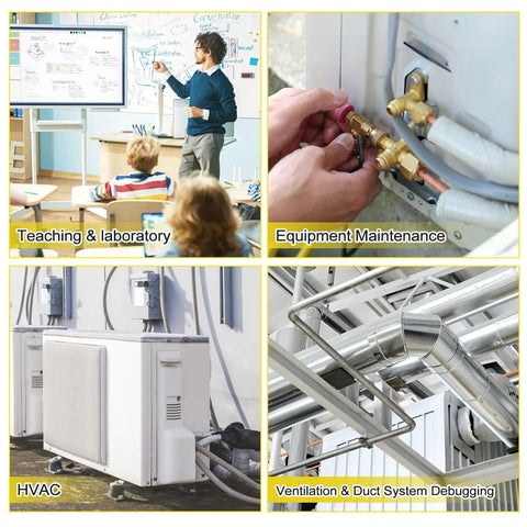 3 In 1 High Precision Digital Hot Wire Anemometer For Air Velocity And Air Flow With CFM CMM Readouts, 0.2 To 67 MPH Range, Temperature 32 To 113 F, Pro Grade Speed And Volume Diagnostics in HVAC and duct testing scenes