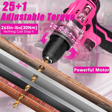 Pink 175 Piece 20V Cordless Drill Tool Set For Women with adjustable torque and powerful motor for versatile drilling