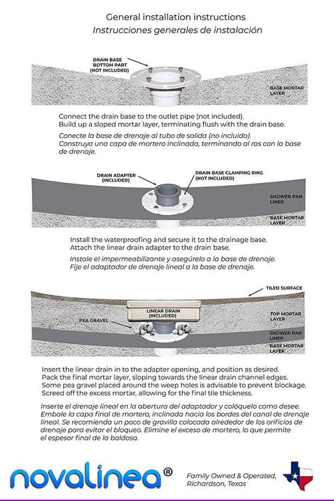 General installation instructions for Linear Shower Drain 30 Inch Brick Pattern in Brushed Stainless Steel with Hair Strainer Leveling Feet.