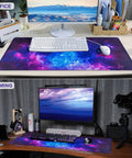 Huge Extended Gaming Mouse Pad Monster Size 31.5 By 15.7 Inches Full Desk Mat For Keyboard And Mouse Non Slip Rubber Base Ultra Wide Desk Pad For Gaming And Office Use shown in office and gaming setups.