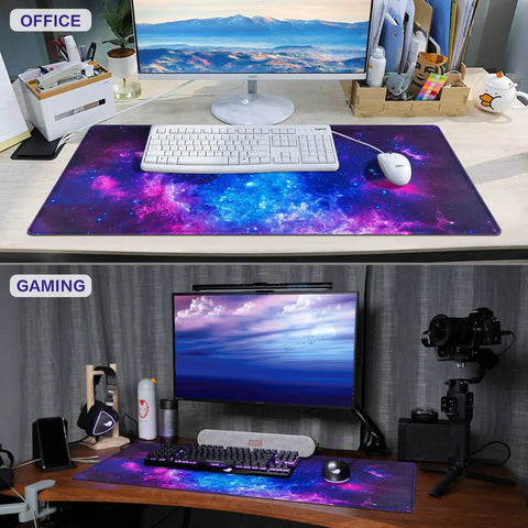 Huge Extended Gaming Mouse Pad Monster Size 31.5 By 15.7 Inches Full Desk Mat For Keyboard And Mouse Non Slip Rubber Base Ultra Wide Desk Pad For Gaming And Office Use shown in office and gaming setups.