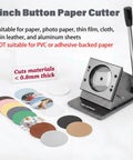 3 Inch Button Cutter Tool Heavy Duty Round Circle Graphic Badge Puncher Die Cutter With Manual Long Lever For DIY Button Making displayed with sample materials