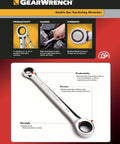 6 Pc Metric Double Box Ratcheting Wrench Set With Surface Drive For Tight Spots and Reduced Fastener Rounding image showing wrench design and features.