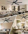 60 Inch Outdoor Ceiling Fan With Lights No Fuss Remote And App Control Dimmable Black Ceiling Fan With DC Motor And Aluminum Blades in living room, bedroom, and outdoor patio settings