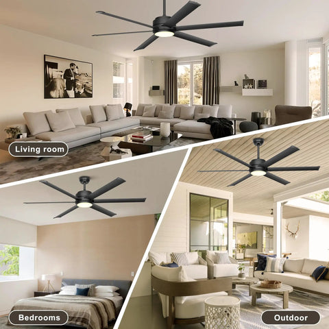 60 Inch Outdoor Ceiling Fan With Lights No Fuss Remote And App Control Dimmable Black Ceiling Fan With DC Motor And Aluminum Blades in living room, bedroom, and outdoor patio settings