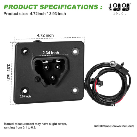 Premium 48V Delta Q Charger Receptacle Socket for Electric Golf Cart, black 3-pin connector, dimensions 4.72x3.93 inches.