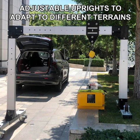 No Sweat Heavy Duty Portable Aluminum Gantry Crane Shop Floor Ready With Adjustable Beam Height Tough Lifting Gear Rated For Two Thousand Kilograms with adjustable uprights outdoors.