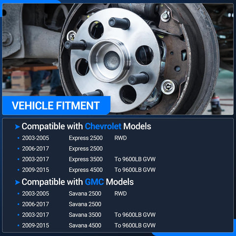 Front Wheel Bearing And Hub Assembly Set Of 2 For 2003 To 2017 Chevy Express 2500 3500 4500 And GMC Savana 2500 3500 4500 With 8 Lugs And ABS Heavy Duty Easy Install Replacement displayed with vehicle fitment chart