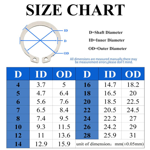 Size chart for 325 Pieces 304 Stainless Steel External C Clips Circlips Retaining Snap Ring Assortment Set For Shafts Cylinders Valves Machinery And DIY Enthusiasts Pro Grade Outdoor Projects, showing dimensions for 4mm to 28mm sizes.