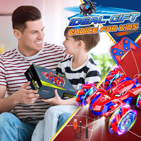 Father and son with Double Sided Remote Control Car With 360 Degree Rotating Stunt Action, packaging and controller visible