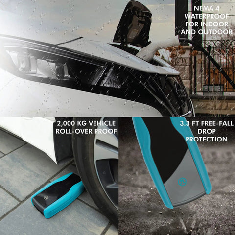 Level 2 EV Charger 7.6kW Plug-and-Play home charger showcasing durability with waterproof design, roll-over proof, and drop protection.