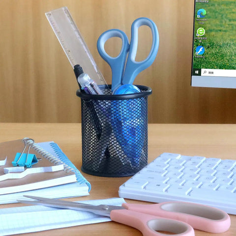 8.5 Inch Pastel Scissors 3 Pack Ultra Sharp Stainless Steel Heavy Duty Kitchen Shears on desk near keyboard and notebook
