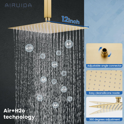 Brushed Nickel Ceiling Mount Rainfall Shower Head System With 10 Inch Square Head, showing water flow and nozzle features.