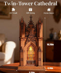 Front view of Gothic Architecture 3D Puzzle Kit For Adults With LED Lights Wooden Model Building Set DIY Craft, measuring 10.20in high.