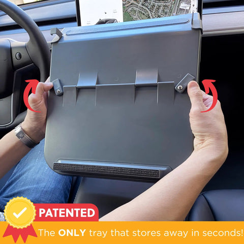 Tesla Model 3 Y Alset Tray Center Console Organizer held by hands showing folding mechanism