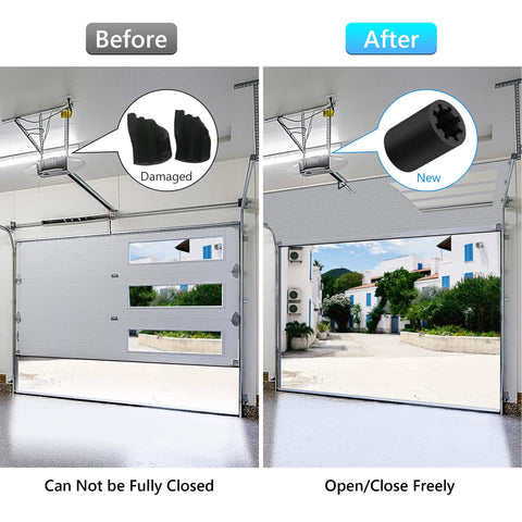 Comparative view of garage door operation before and after using Two Piece Screw Drive Garage Door Opener Coupler Set Compatible With LiftMaster Chamberlain Sprockets Replacement 25C20 25A18 Fixes Broken Shaft Easy DIY Installation Works With 1000SD 2000SD 1000SDR Models, showing damaged and new couplers.