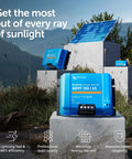 BlueSolar MPPT Solar Charge Controller For Panels And Batteries, 150V 35A, on display with solar panels in mountain setting