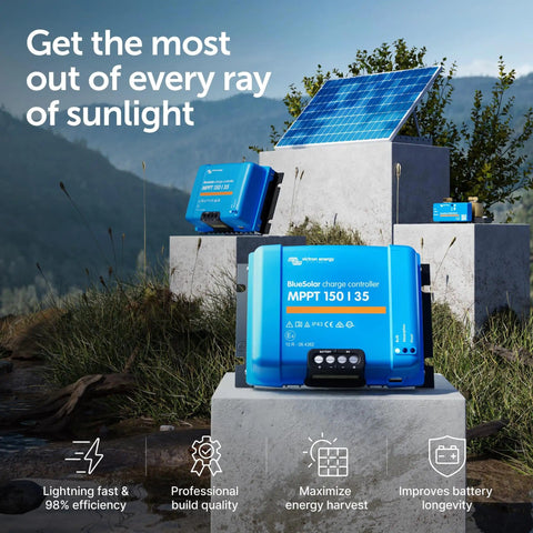 BlueSolar MPPT Solar Charge Controller For Panels And Batteries, 150V 35A, on display with solar panels in mountain setting
