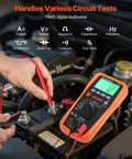 All In One Digital Multimeter With 4000 Count TRMS Readouts used for car battery testing, showcasing auto-ranging feature