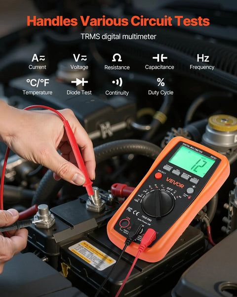 All In One Digital Multimeter With 4000 Count TRMS Readouts used for car battery testing, showcasing auto-ranging feature
