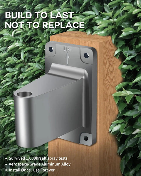 All-metal wall mount bracket for Retractable Garden Hose Reel With 5/8 Inch By 100 Foot Hose shown against greenery background.