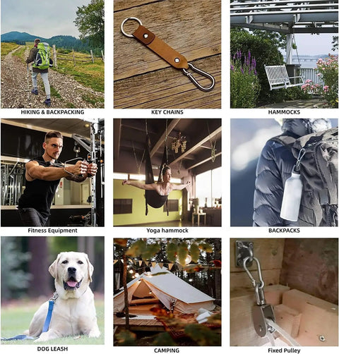 Collage showing various uses for Beefy 5.5 Inch Carabiner Clips Set Of 2 Stainless Steel 304 Snap Hooks in outdoor and fitness settings.