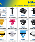 Beefy 200 Piece Hyundai And Kia Retainer Clip Kit assortment showing 200 fasteners in various sizes and shapes for body repair.