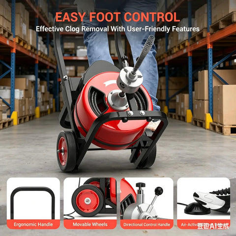 Heavy Hit 100 Ft Auto Feed Drain Cleaner With Three Quarter Inch Cable And Six Interchangeable Blades To Bust Through Stubborn Toilet Sink Pipe Clogs No Sweat Sewer Snake Power Tool with ergonomic handle and movable wheels.