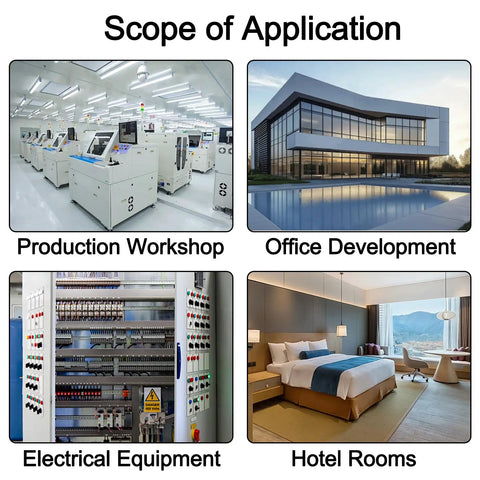 Image showcasing applications of Industrial Grade Cylindrical Ceramic Fuse in workshops, offices, electrical equipment, and hotels.